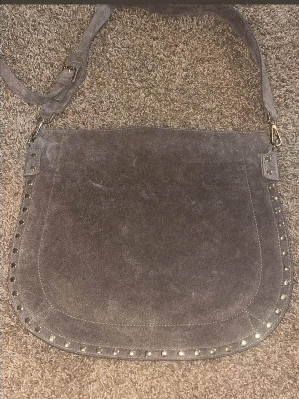 Suede Studded Saddle Shoulder Bag - Gray